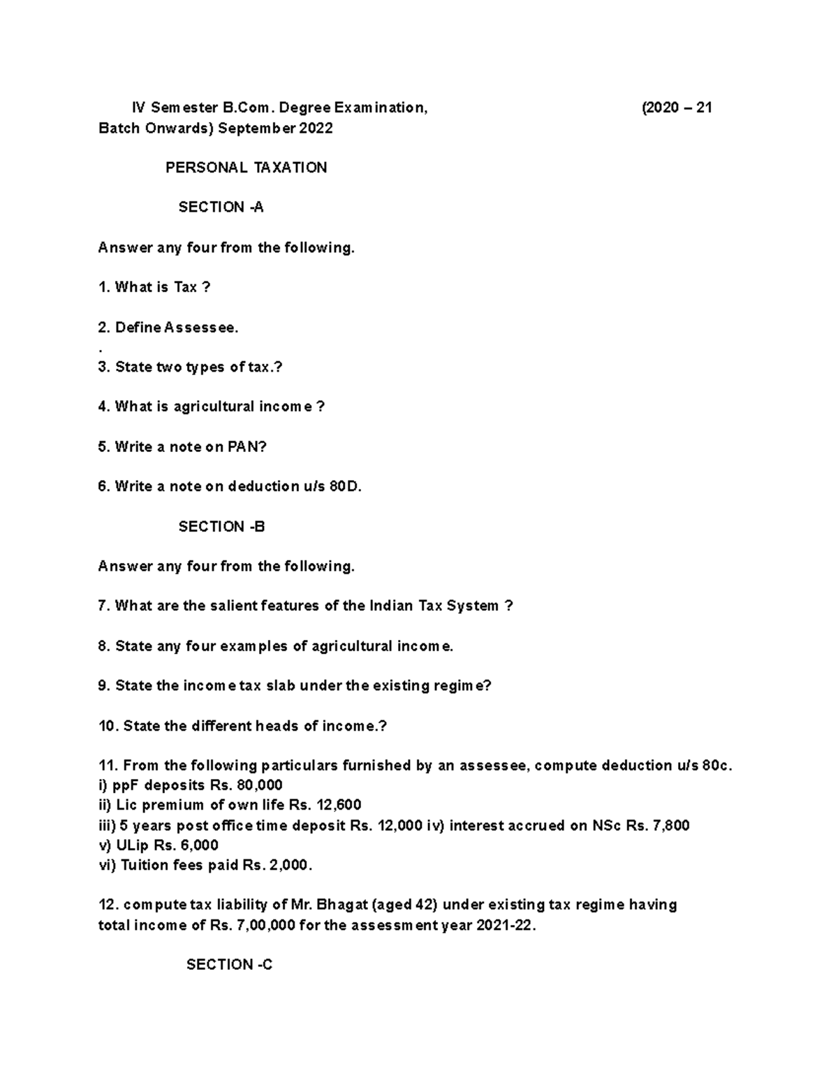 Personal Taxation - Question Paper - IV Semester B. Degree Examination ...