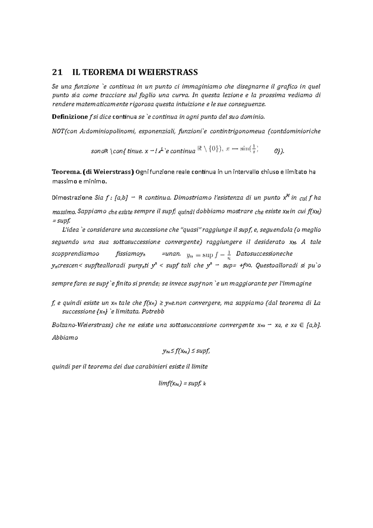 Analisi Appunto Teorema Weierstrass E Degli Zeri Il Teorema Di Weierstrass Se Una