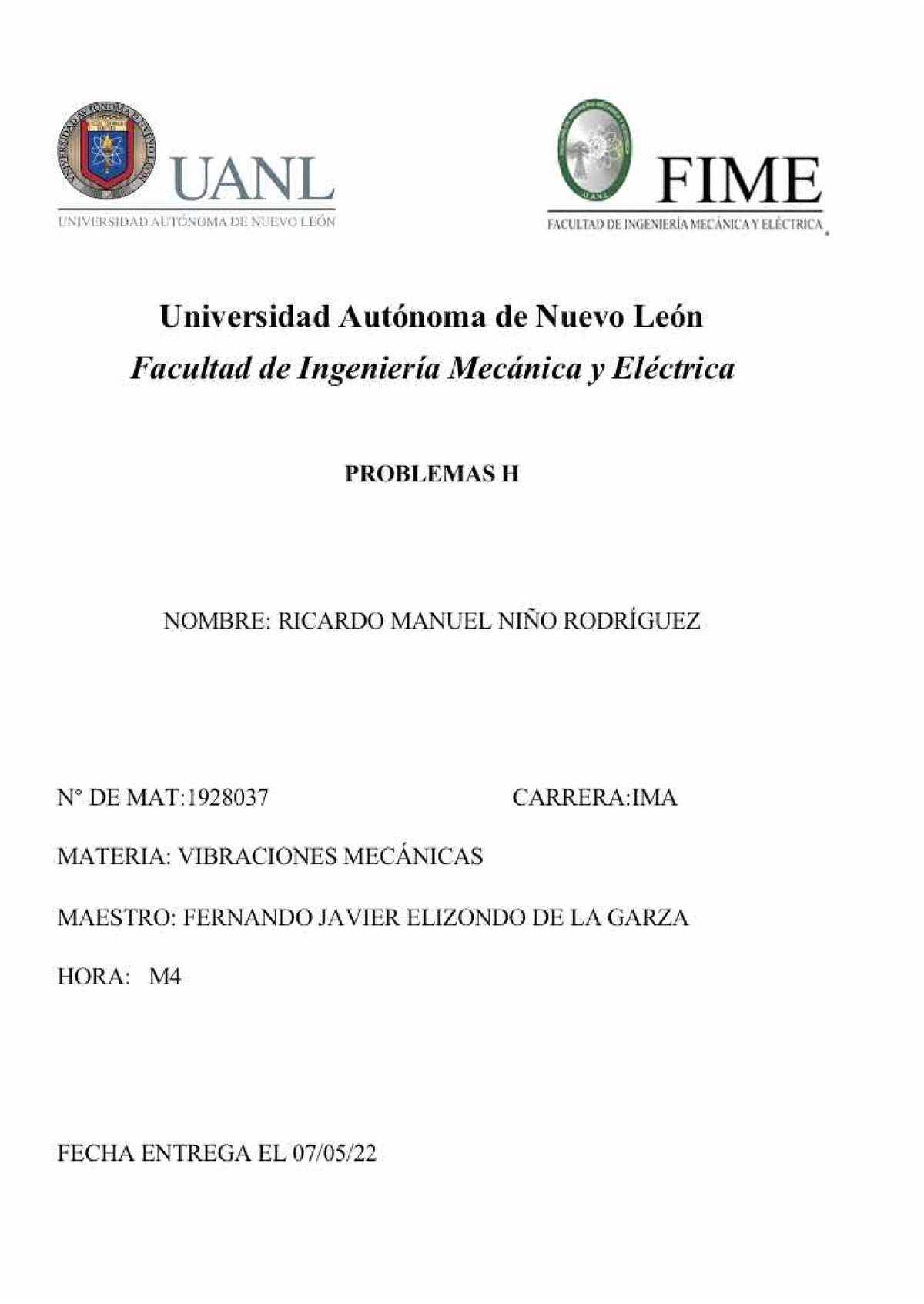 PROBLEMARIO H Vibraciónes Mecanicas - Vibraciones Mecanicas - Studocu