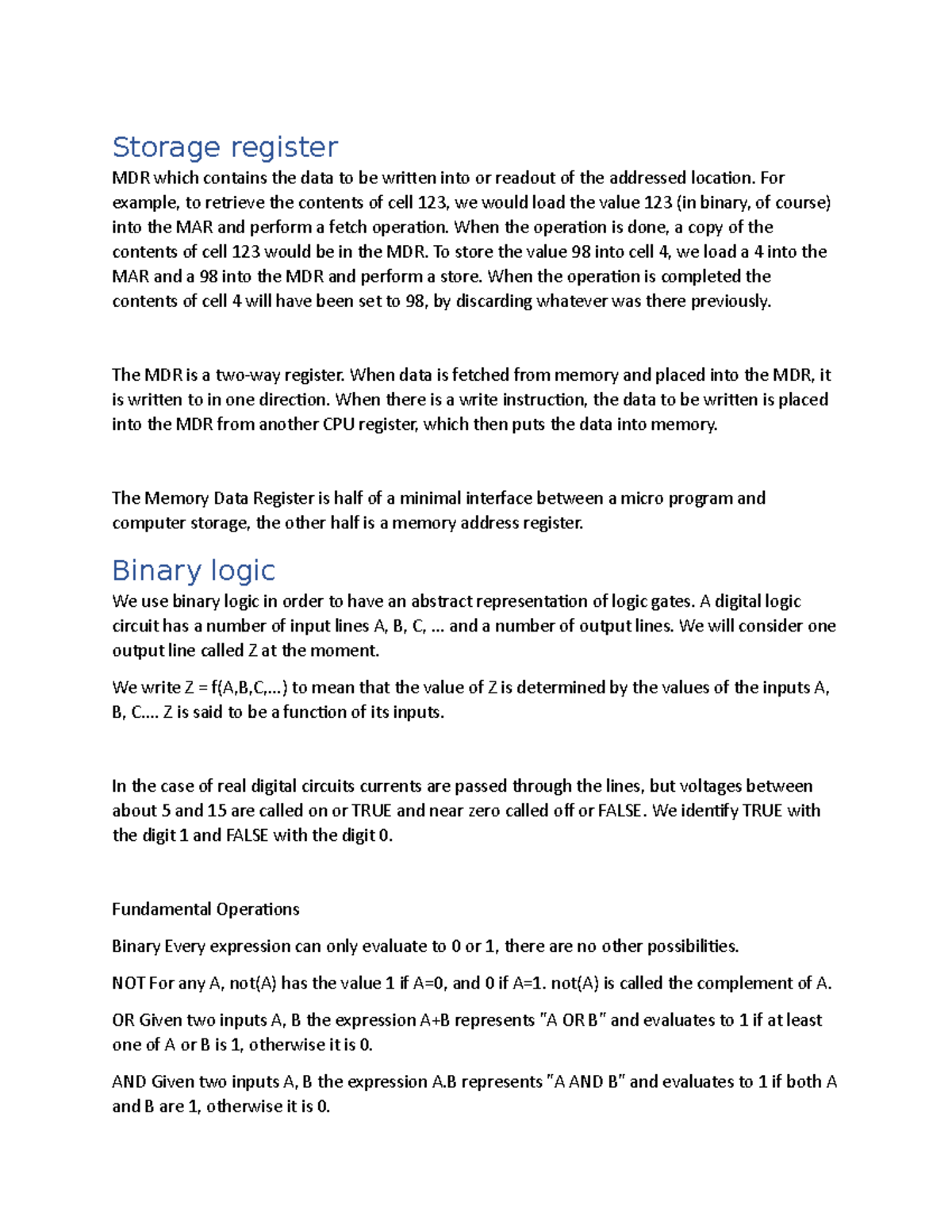 Logic notes - Storage register MDR which contains the data to be ...