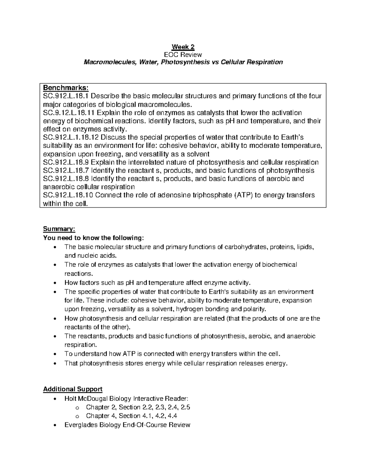 Biology EOCReview Questions Unit 1 - Week 2 EOC Review Macromolecules ...