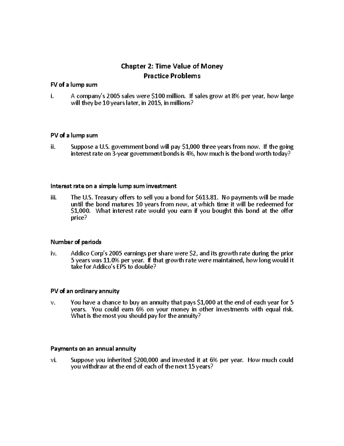 TVM2 - MAnagement - Chapter 2: Time Value of Money Practice Problems FV ...