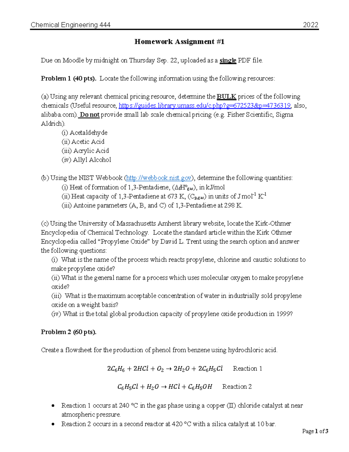 Process design Homework 01 - Chemical Engineering 444 2022 Page 1 of 3 ...