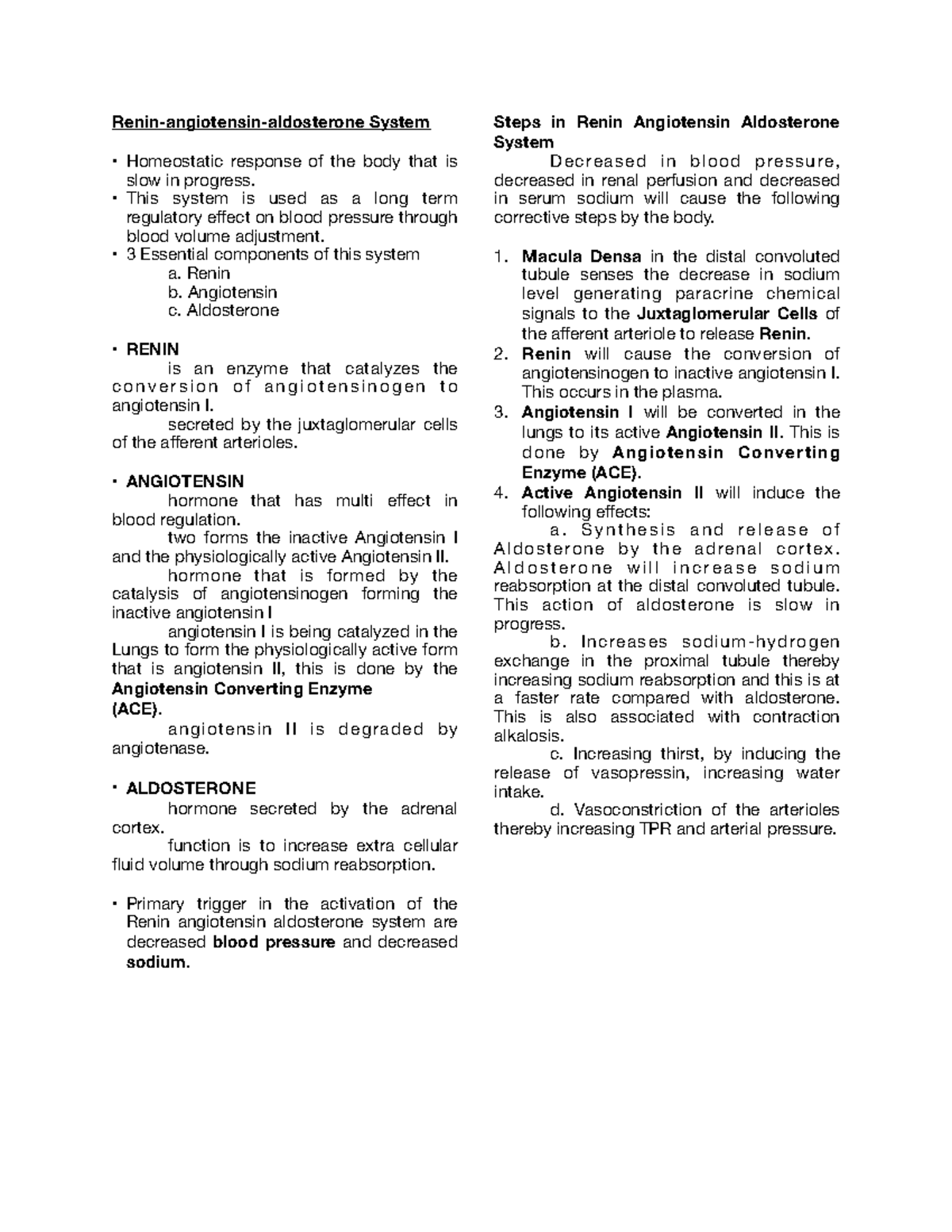 Summary Notes on the Renin Angiotensin Aldosterone System - Renin ...