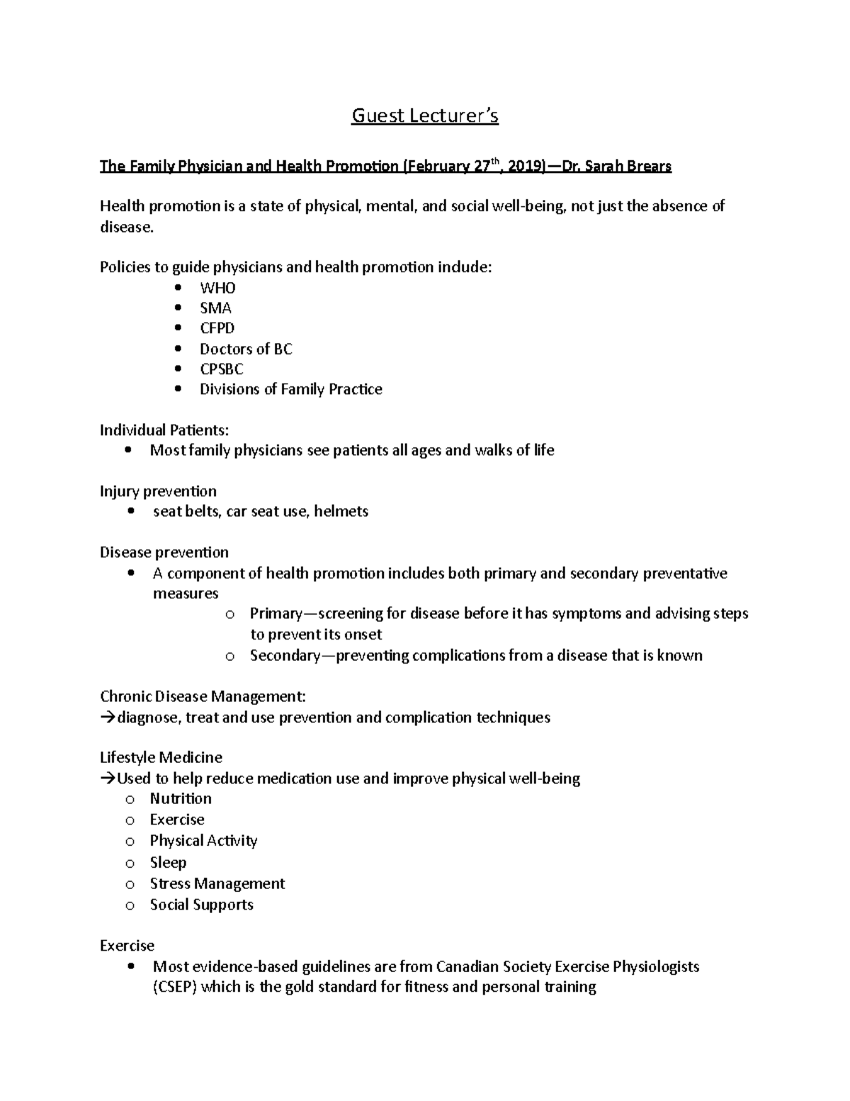 Guest Lecture Notes - Guest Lecturer’s The Family Physician and Health ...