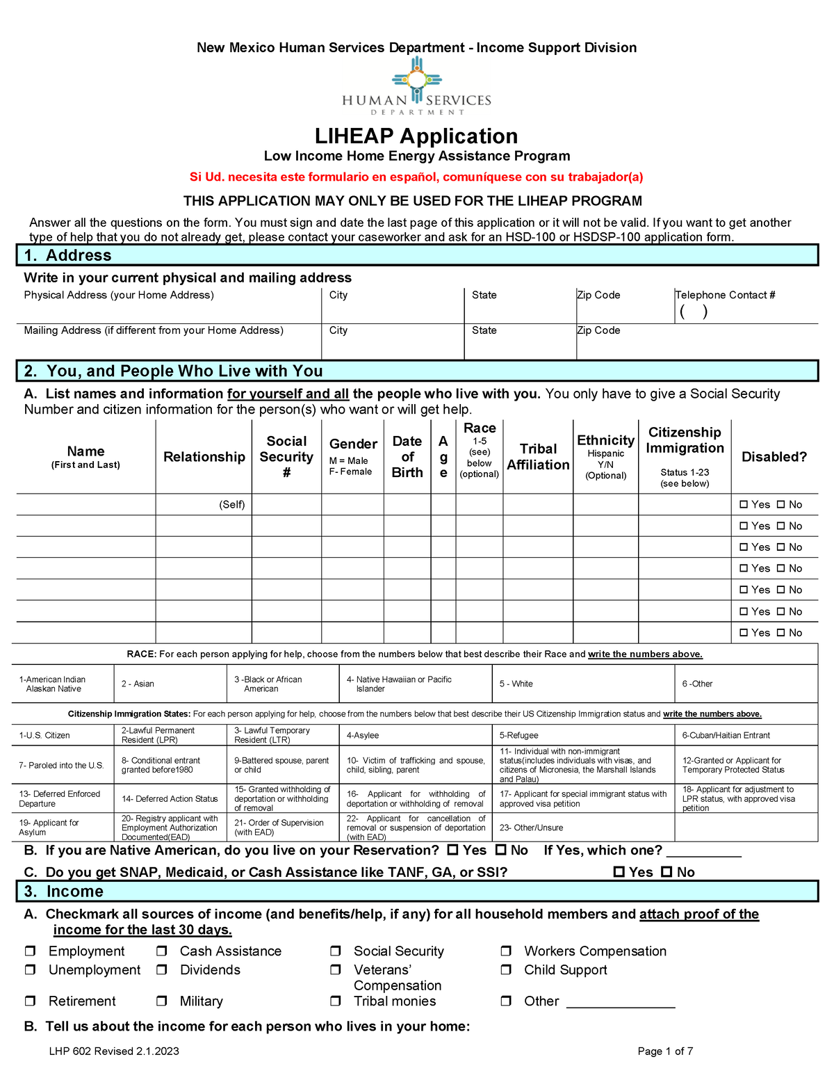 Lhp 602 English Liheap Application New Mexico Human Services Department Income Support 6478