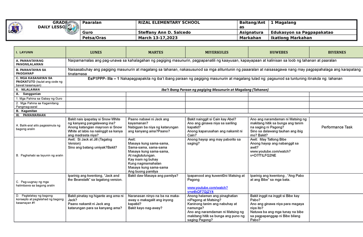 DLL-Week 5 - GRADE 1 DAILY LESSON LOG Paaralan RIZAL ELEMENTARY SCHOOL ...