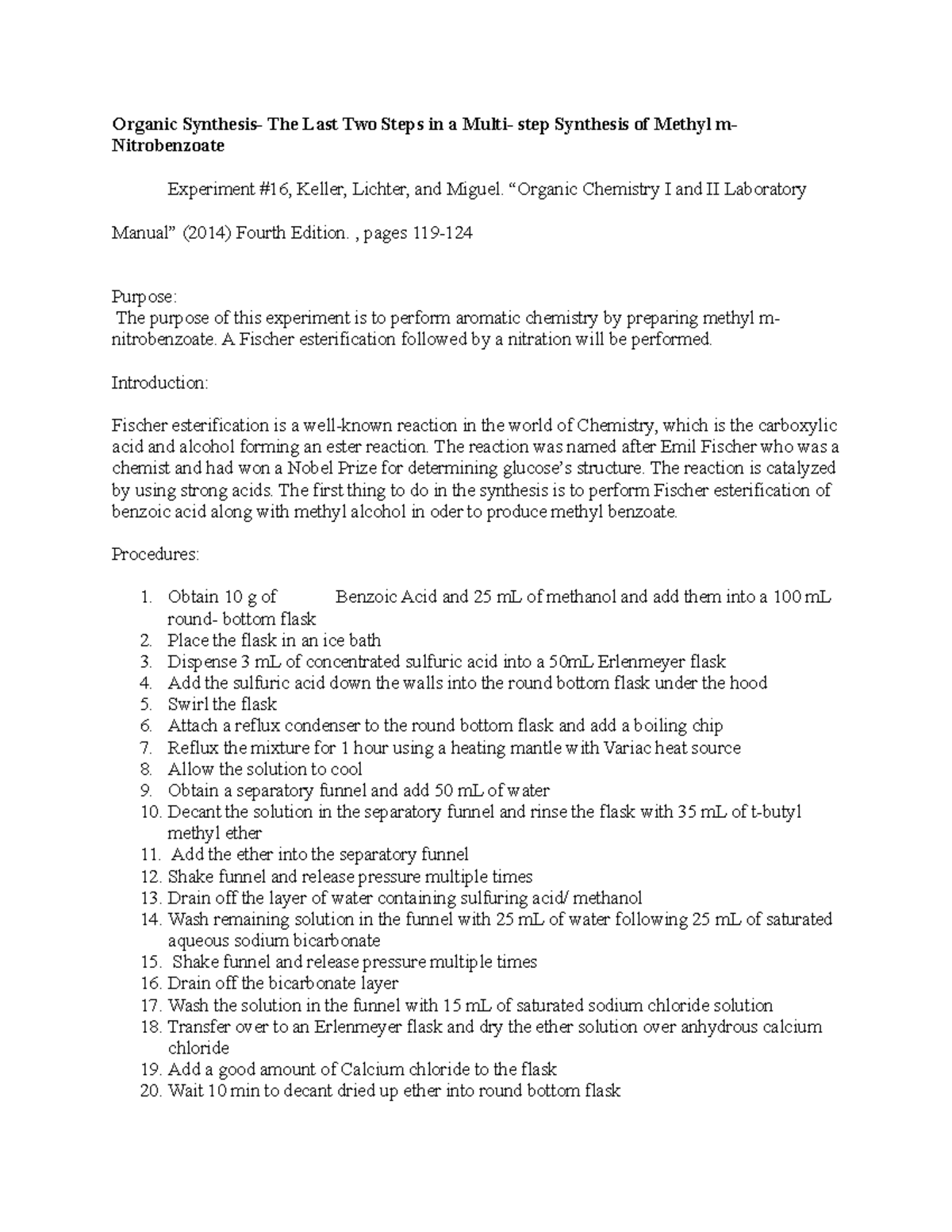 Organic Synthesis pre lab Organic Synthesis The Last Two Steps in a