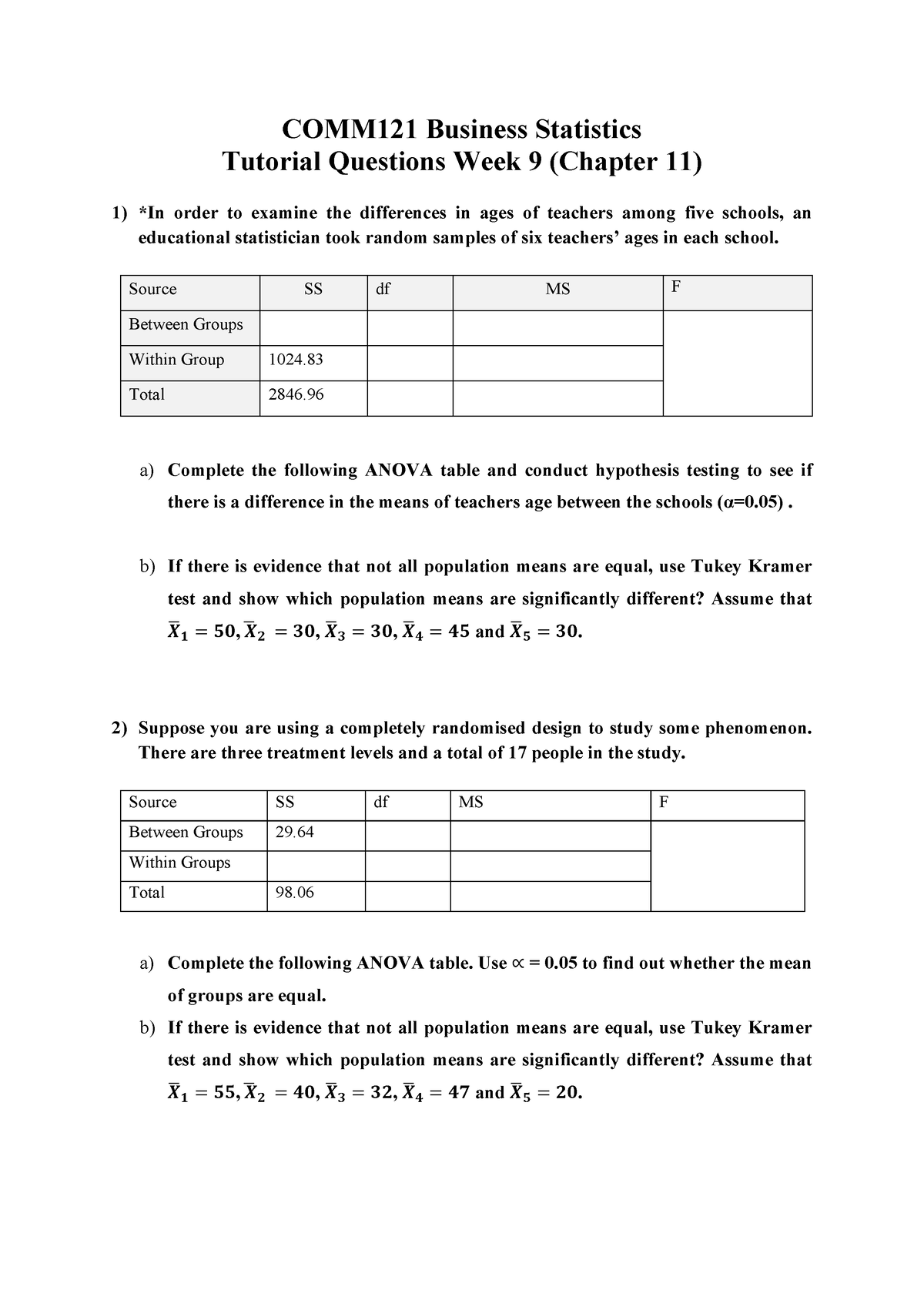 Tutorial Questions - Week 9 - COMM121 Business Statistics Tutorial ...