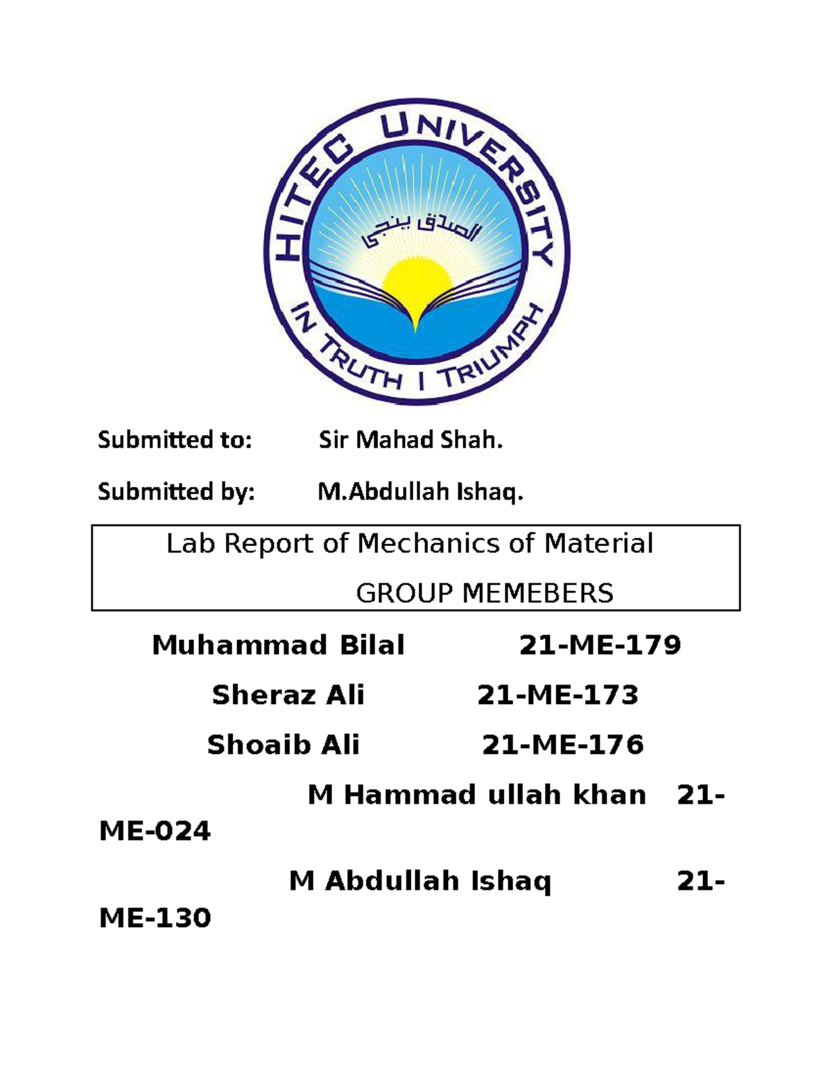 MOM LAB experiment NO 3 - Submitted to: Sir Mahad Shah. Submitted by: M ...