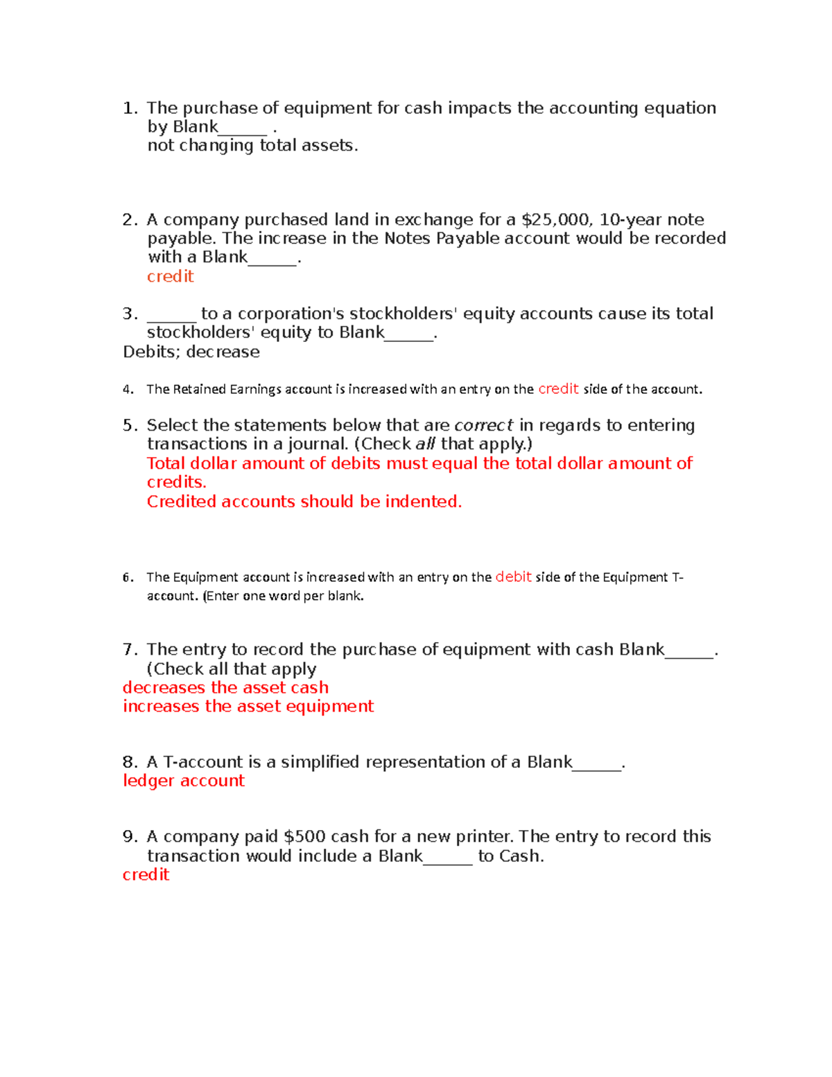 Ch2 - practice materials - 1. The purchase of equipment for cash ...