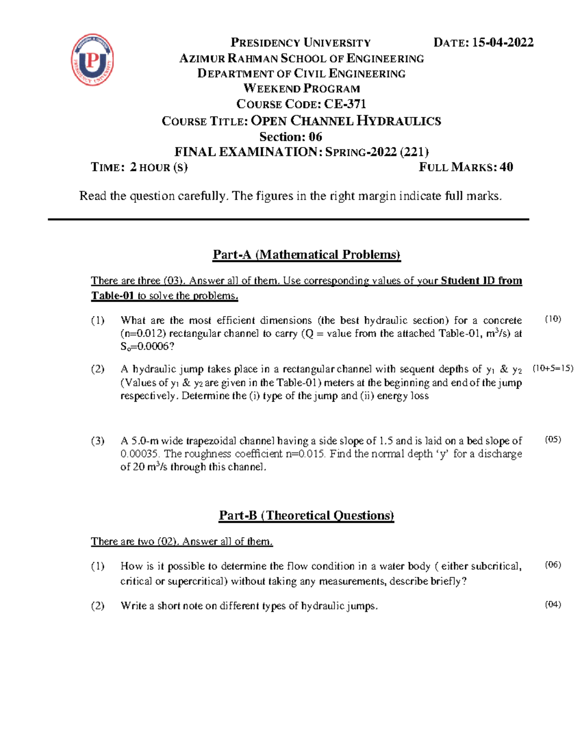 Final Question CE-371 (Section-06) - Computer Programming and ...