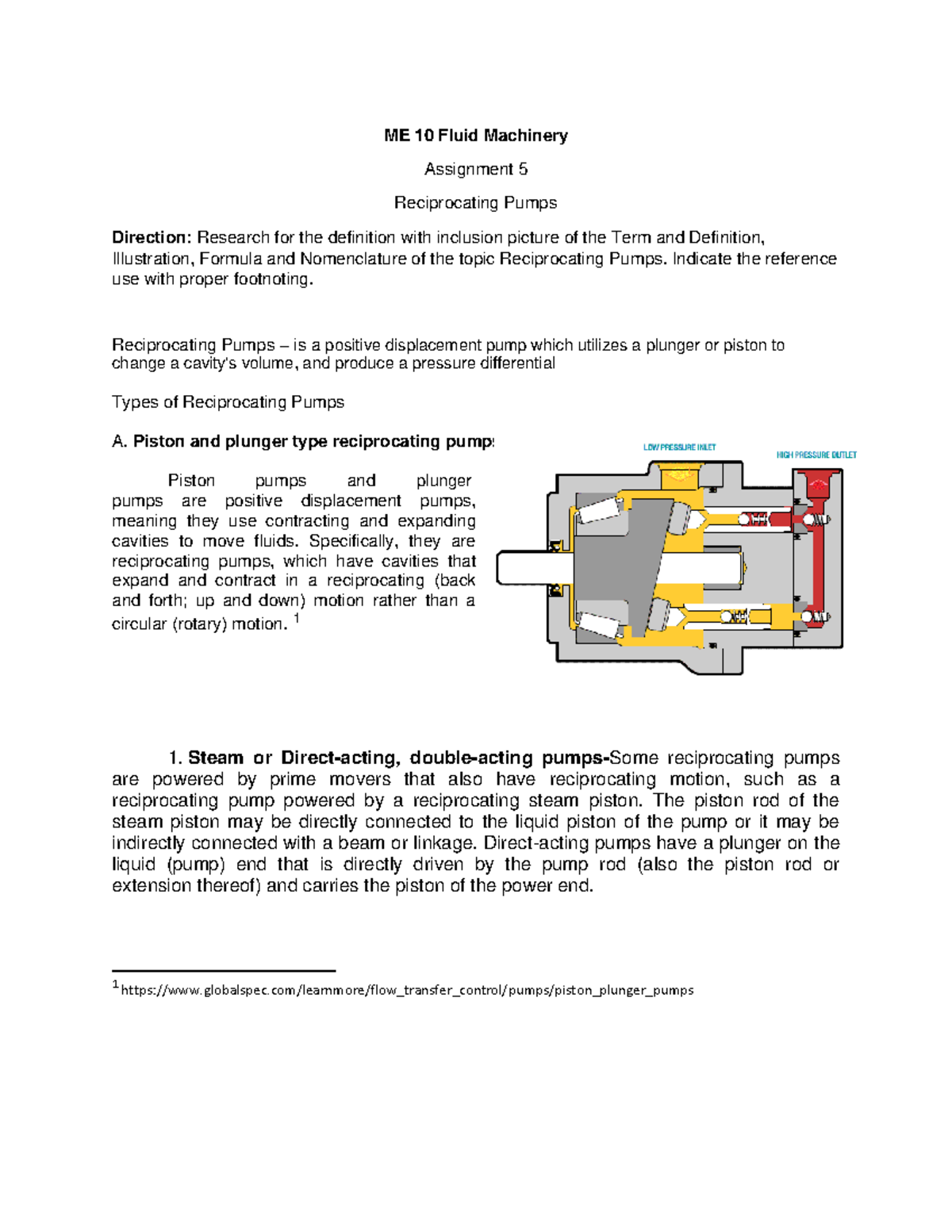 ME10 Assignment 5 Reciprocating Pumps ME 10 Fluid Machinery