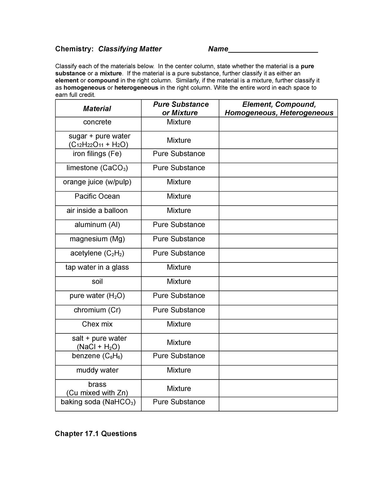 Matter classification worksheet - SNC22D - Science (Grade 22) - StuDocu Regarding Classification Of Matter Worksheet