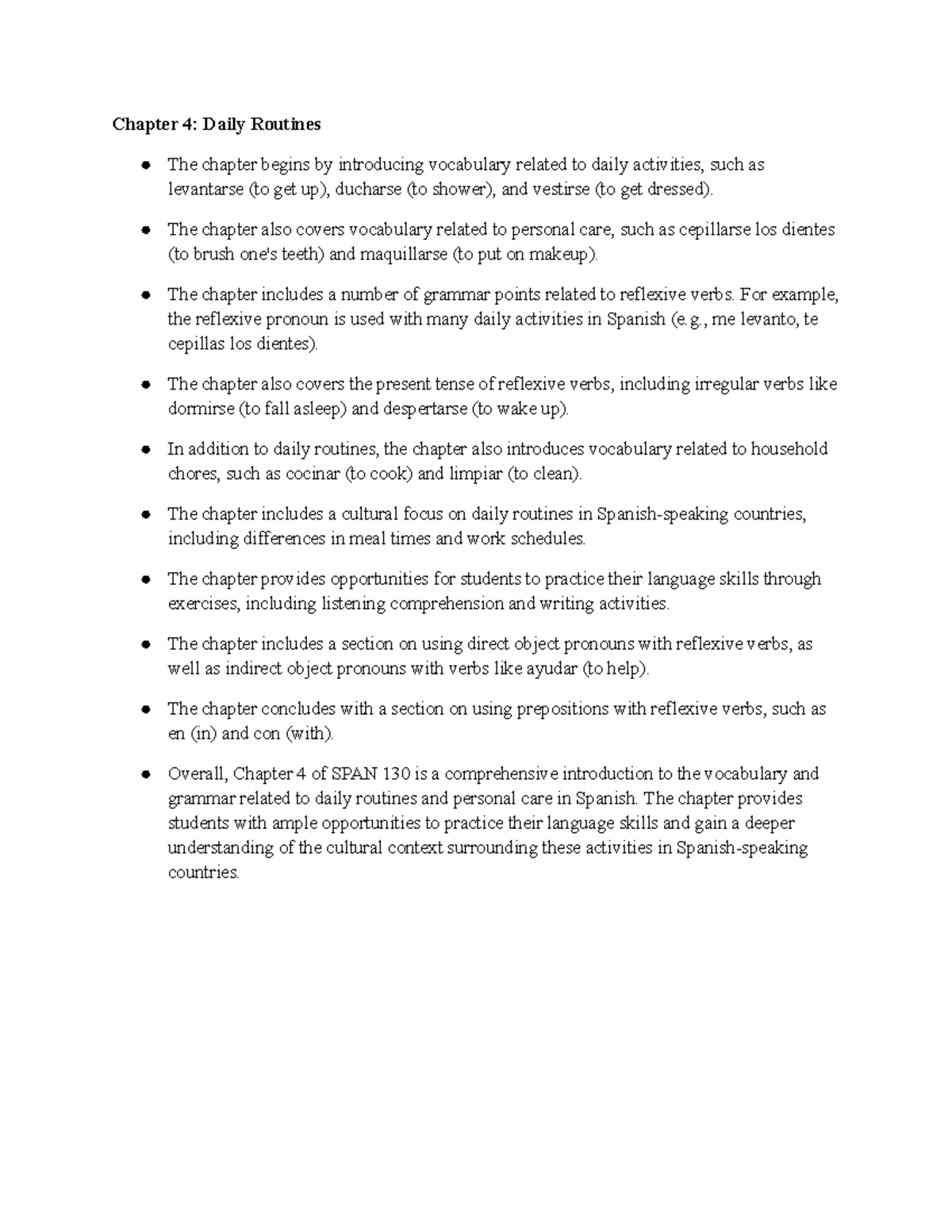 SPAN 130 Chapter 4 - Chapter 4: Daily Routines The chapter begins by ...