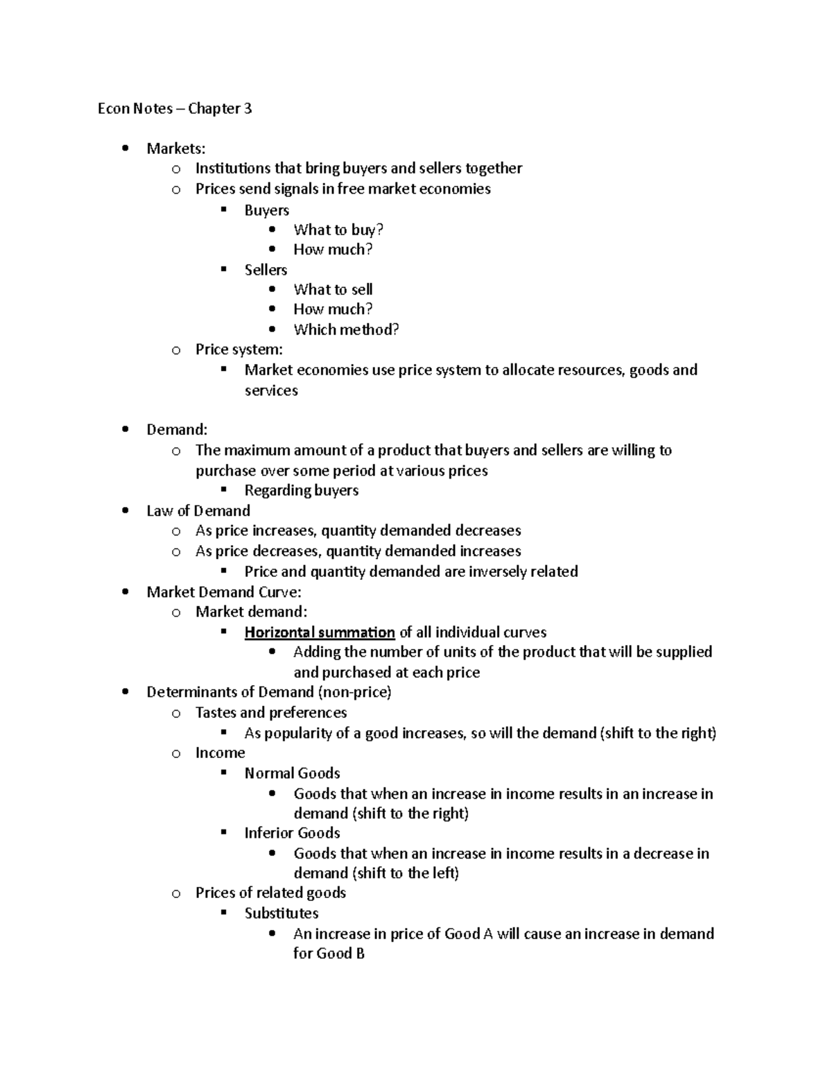 ECO 2013 Notes – Chapter 3 - Econ Notes – Chapter 3 Markets: o ...