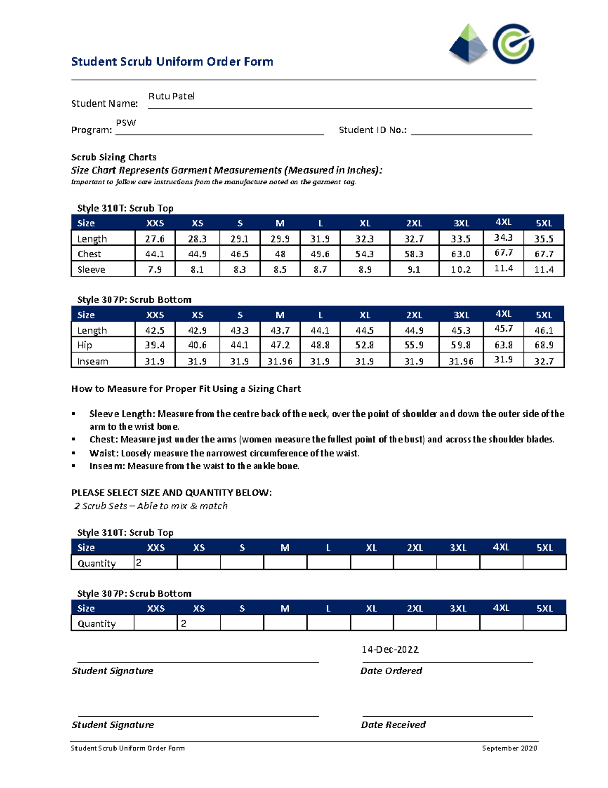 Student Scrub Uniform Order Form v3 - Student Scrub Uniform Order Form ...
