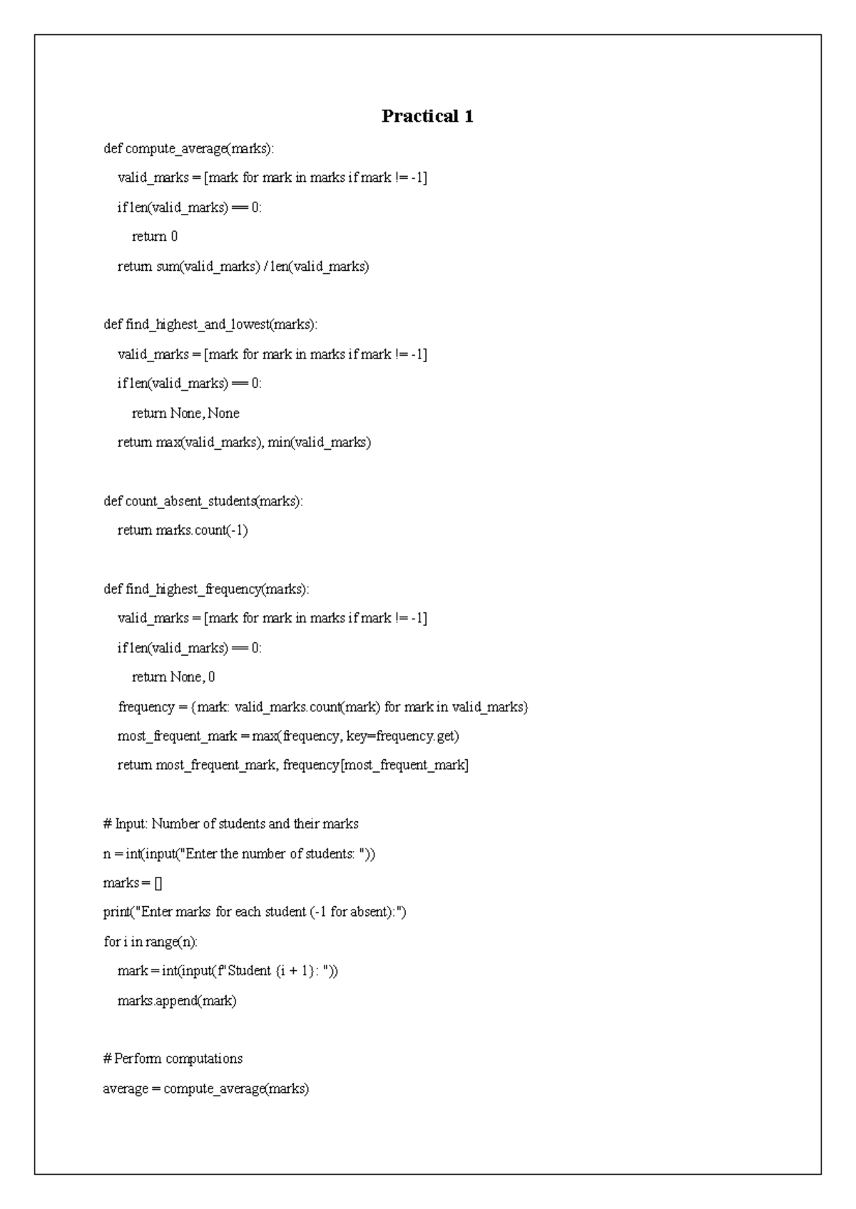 Imp(practical file) - NO DONBR - Practical 1 def compute_average(marks ...