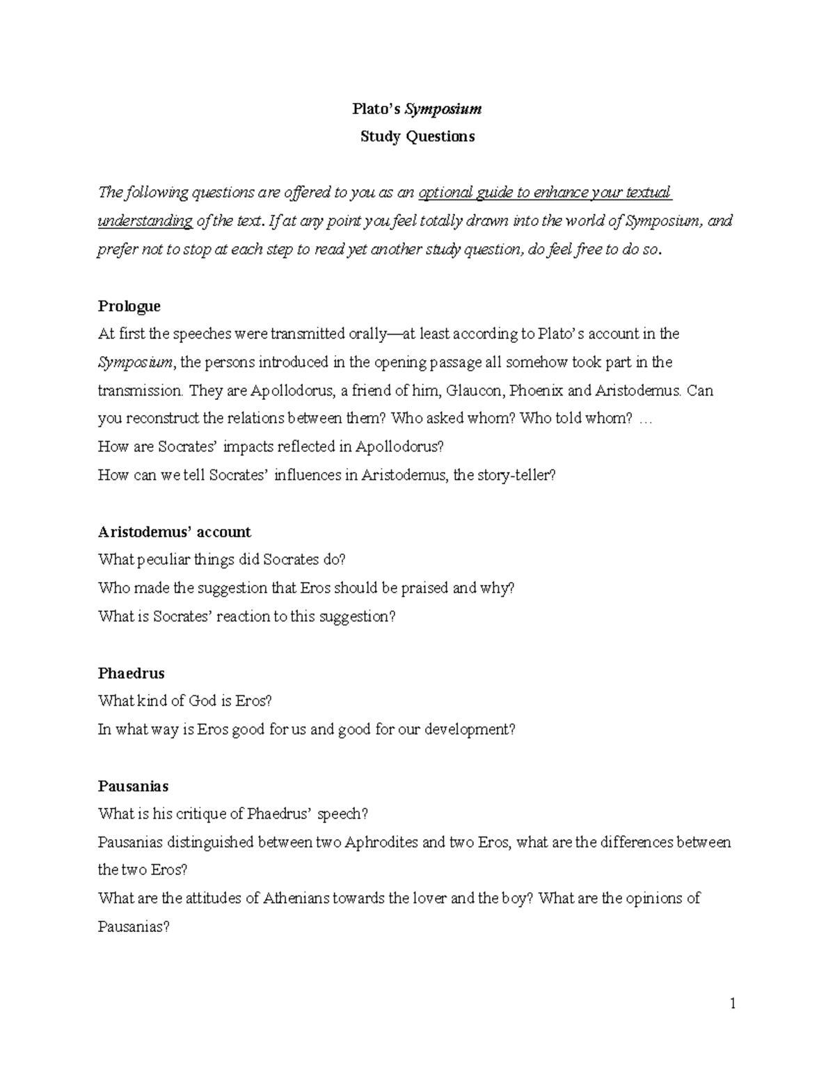 01 study questions 1 Plato’s Symposium Study Questions The following
