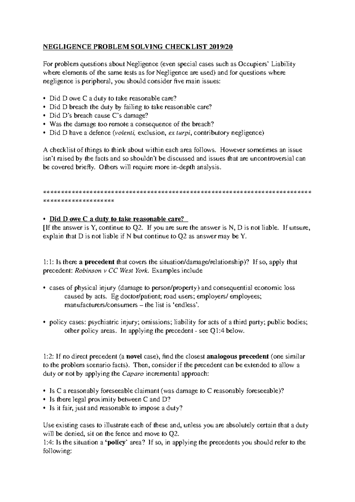 Negligence Checklist - NEGLIGENCE PROBLEM SOLVING CHECKLIST 2019/ For ...