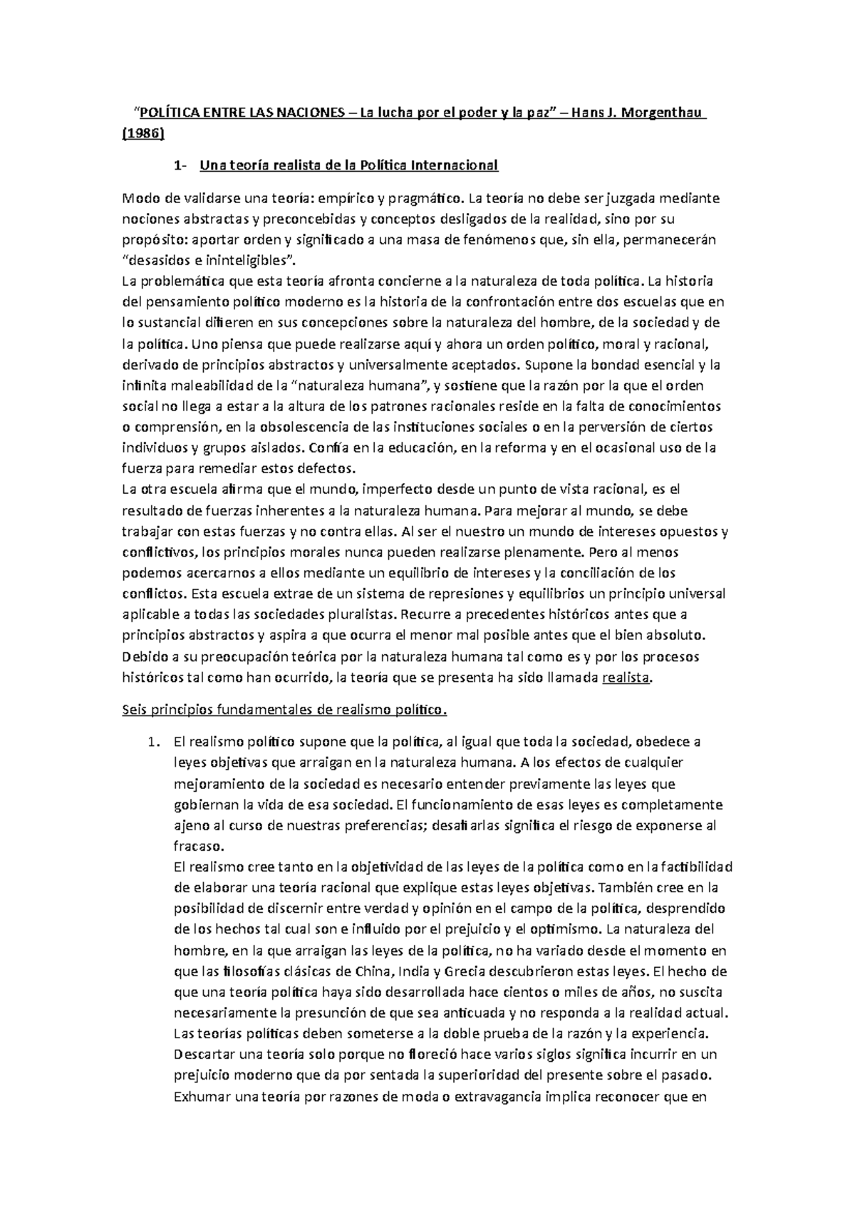 Política entre las naciones ENTRE LAS NACIONES La lucha por el poder y la Hans J