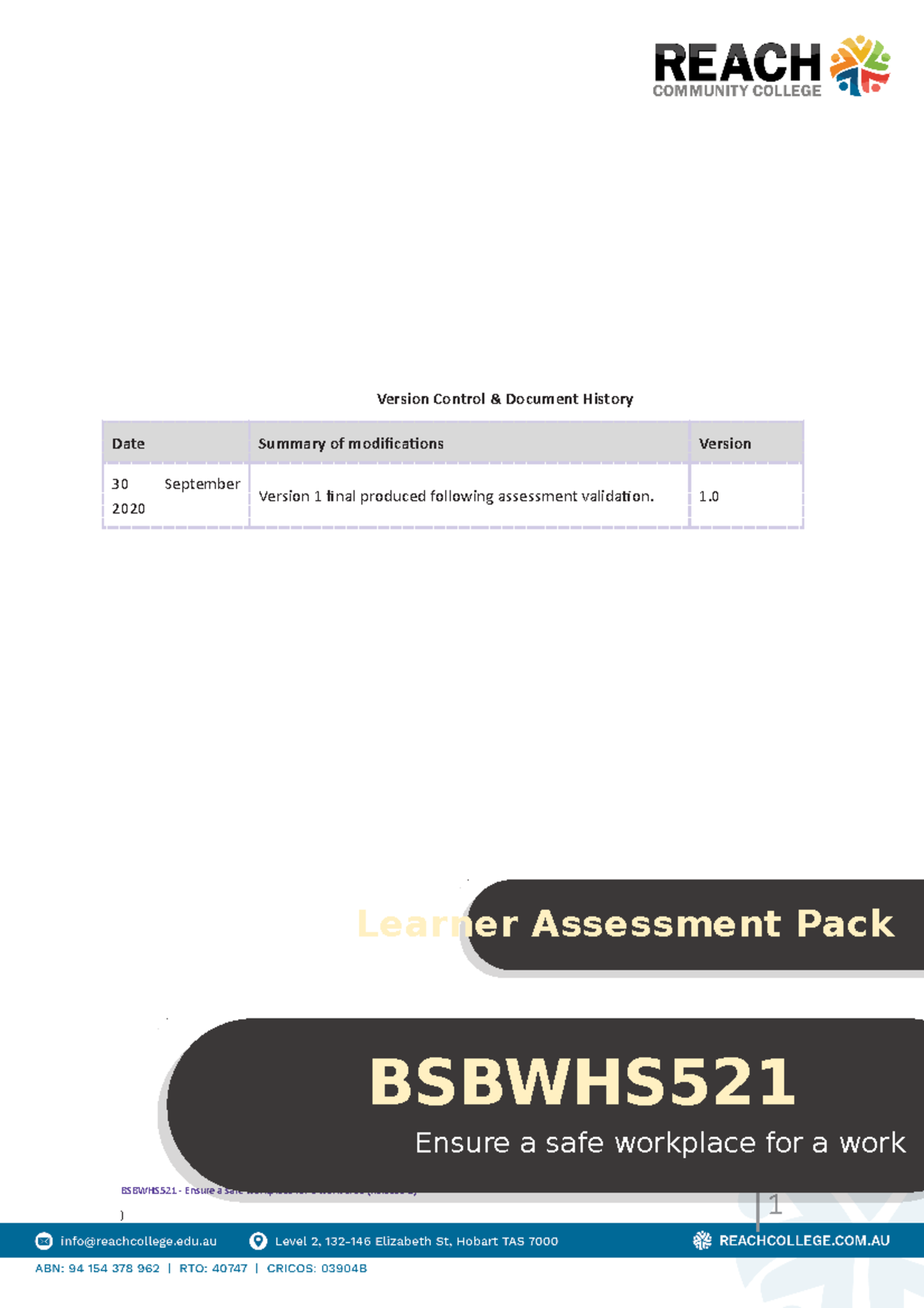 Learner Assessment Bsbwhs 521 - Version Control & Document History Date ...