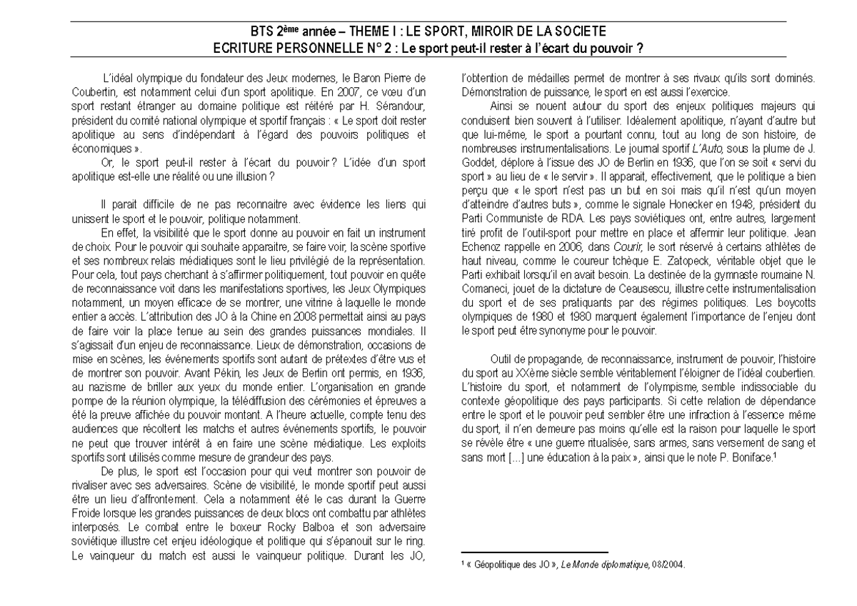 Ep sport pouvoir - BTS 2 ème année – THEME I : LE SPORT, MIROIR DE LA