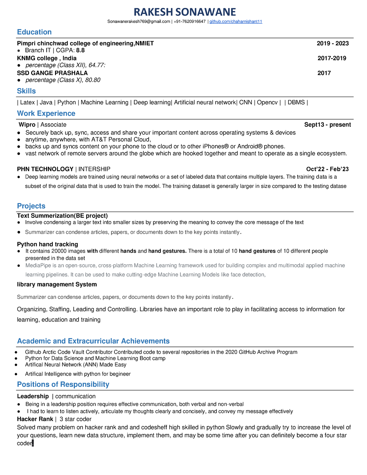 My resume - RAKESH SONAWANE Sonawanerakesh769@gmail | +91- 7620916647 ...