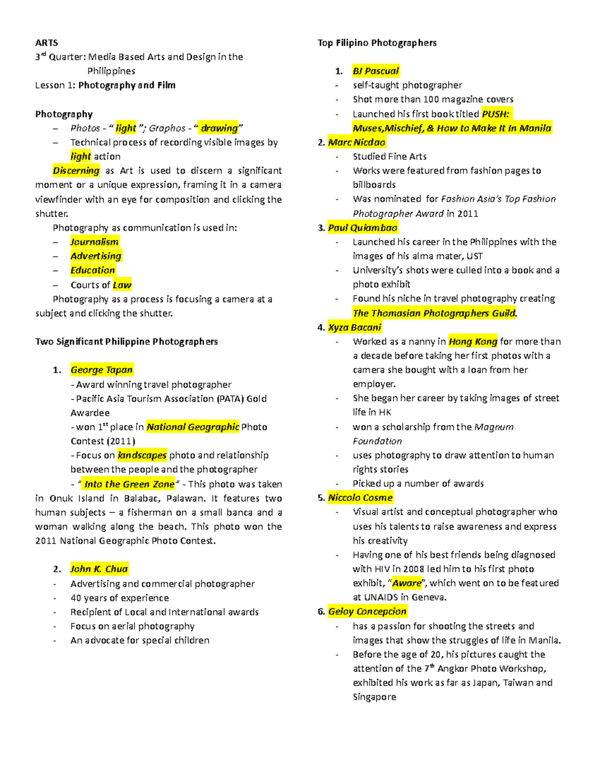 Arts L1 arts ARTS 3 rd Quarter Media Based Arts and Design in