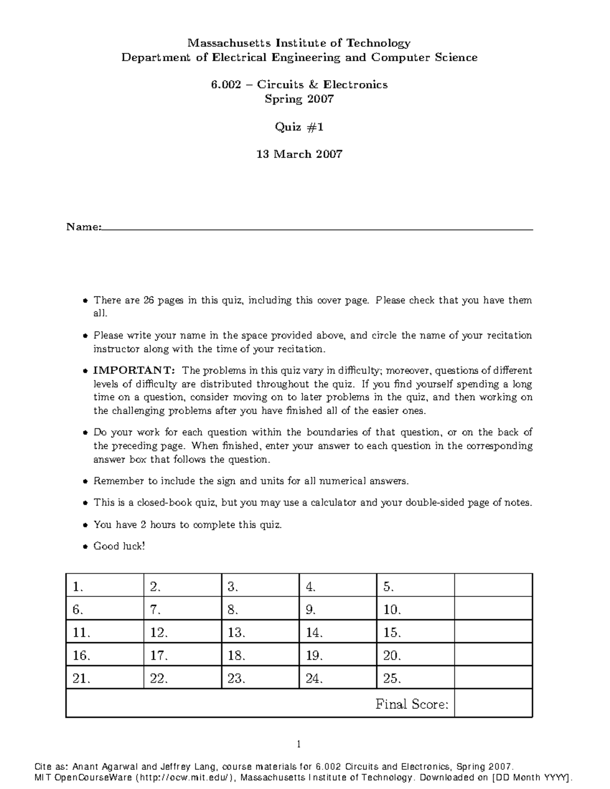 Exam 13 March 2007, questions - Massachusetts Institute of Technology ...