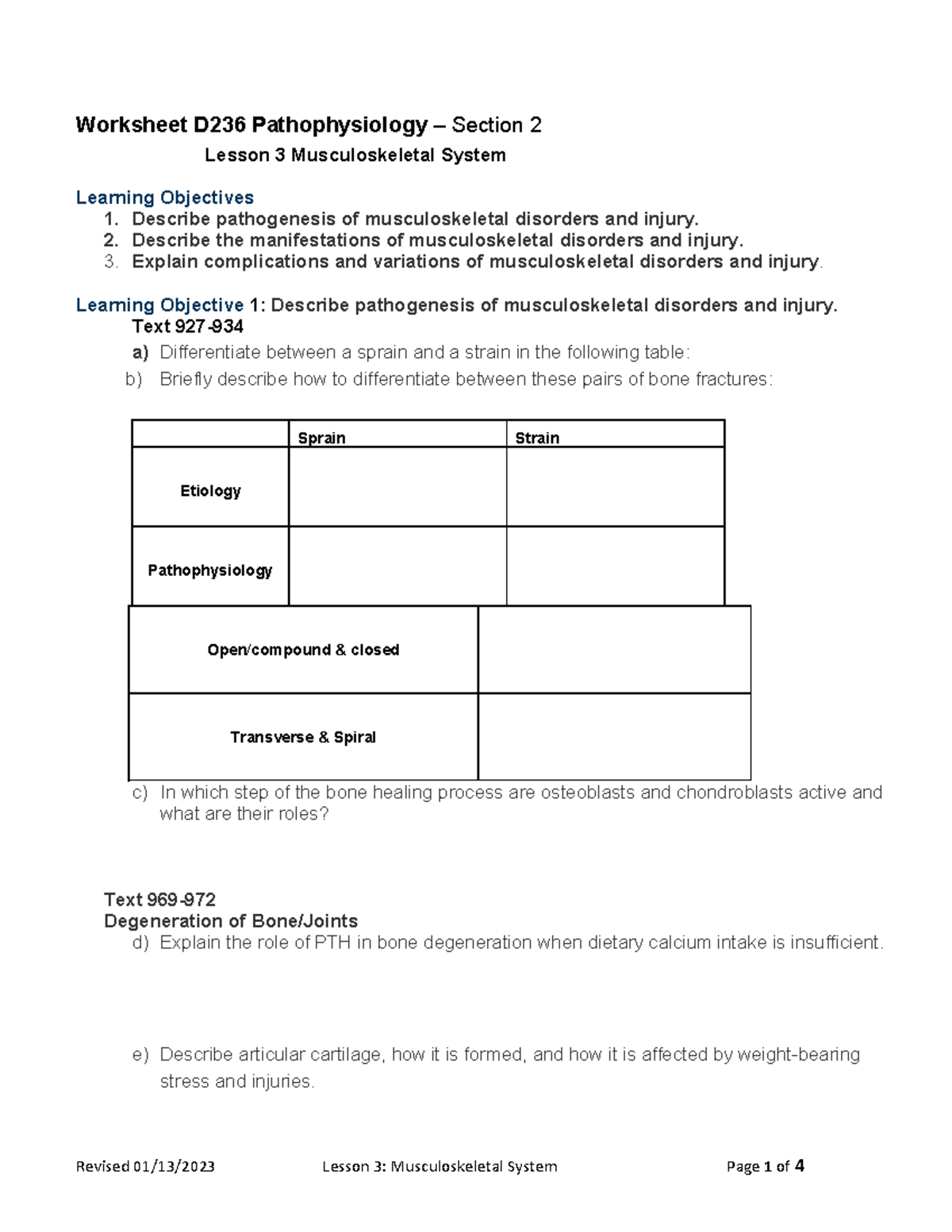 Lesson 3 Musculoskeletal System - Worksheet D236 Pathophysiology ...