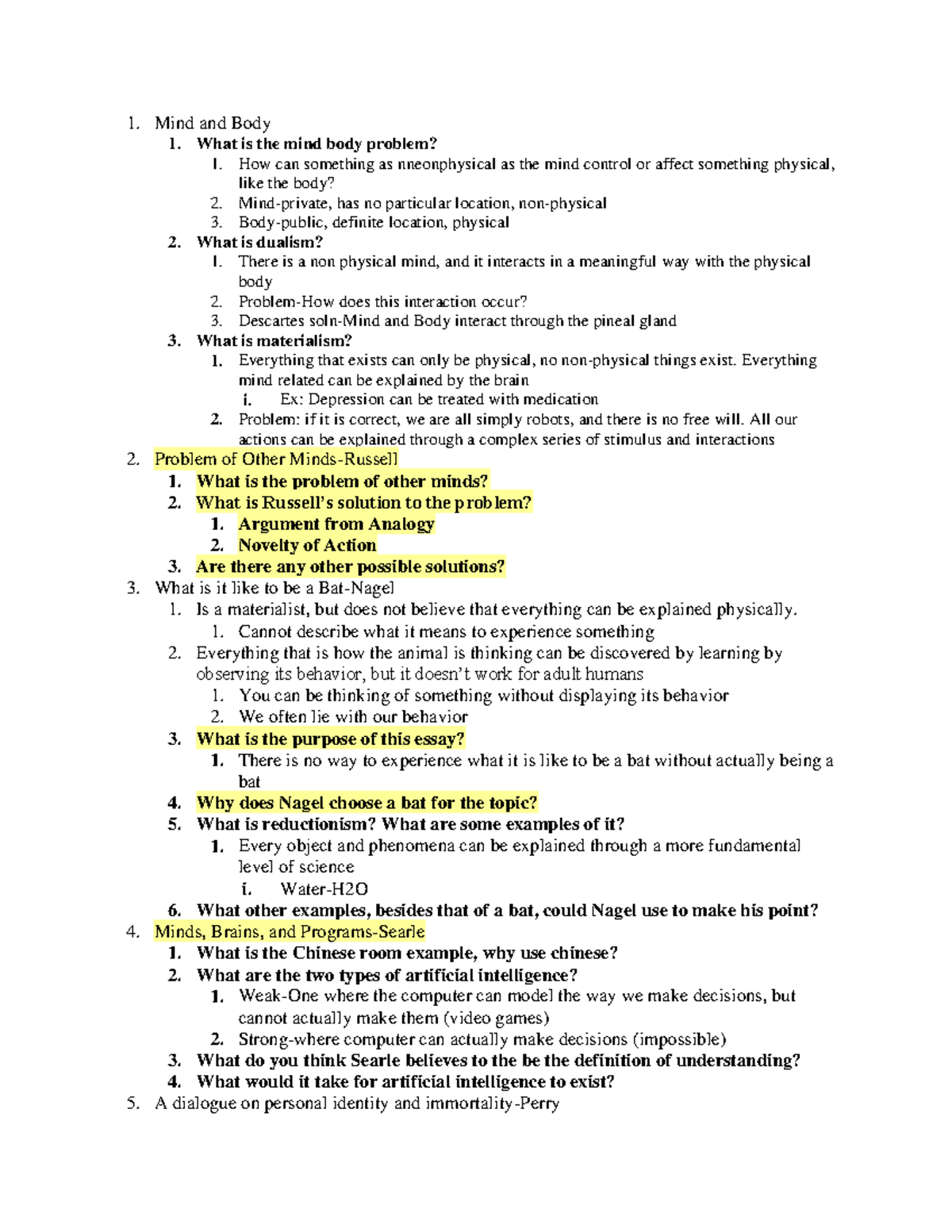 Philosophy Mind and Body - 1. Mind and Body 1. What is the mind body ...
