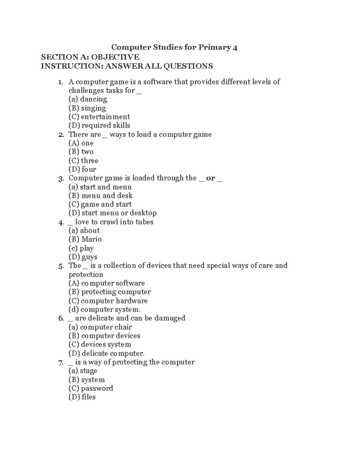 Ict 4 - ICT - Computer Studies For Primary 4 SECTION A: OBJECTIVE ...