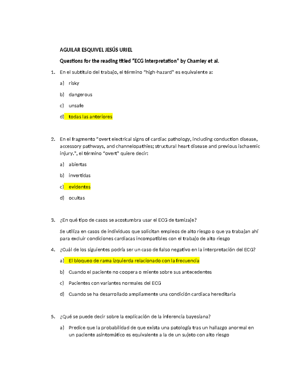 ECG Interpretation Questions Aguilar Uriel - AGUILAR ESQUIVEL JESÚS ...