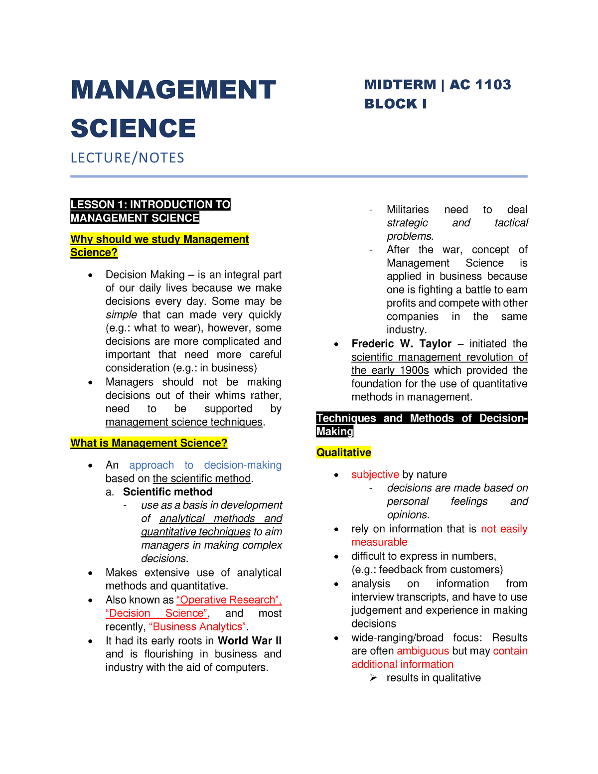 essay about management science