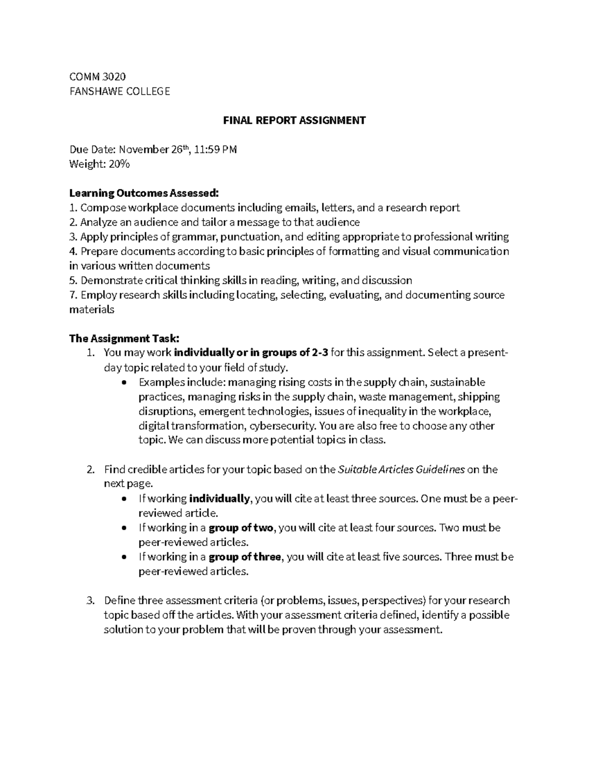 Final report - ASSIGNMENT - COMM 30 20 FANSHAWE COLLEGE FINAL REPORT ...