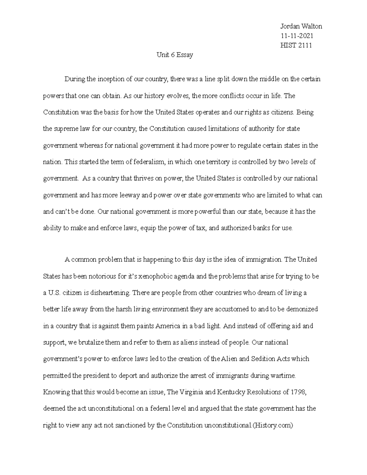 US History Unit 6 Essay - Jordan Walton 11-11- HIST 2111 Unit 6 Essay ...