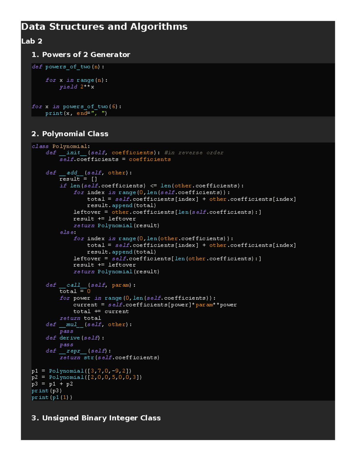 Data structures lab 2 - Generators, classes - Data Structures and ...