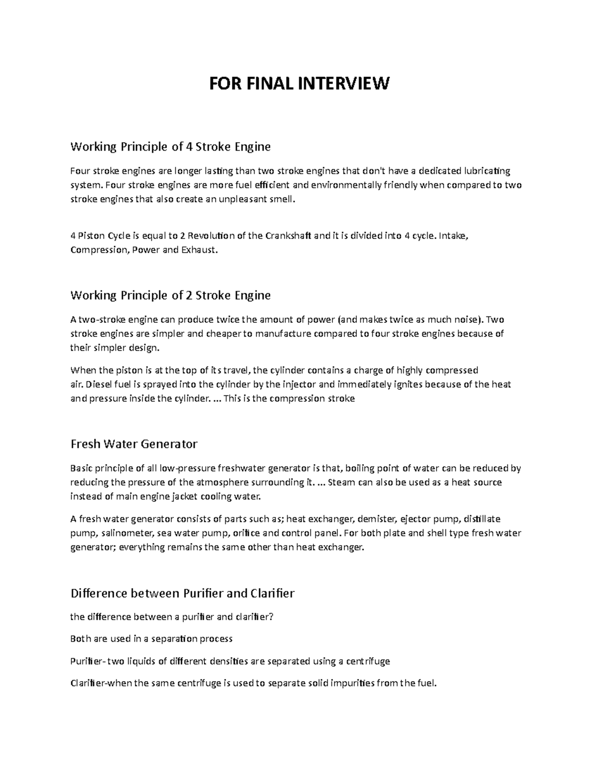 Possible Questions for Final Interview 1 Engine FOR FINAL INTERVIEW