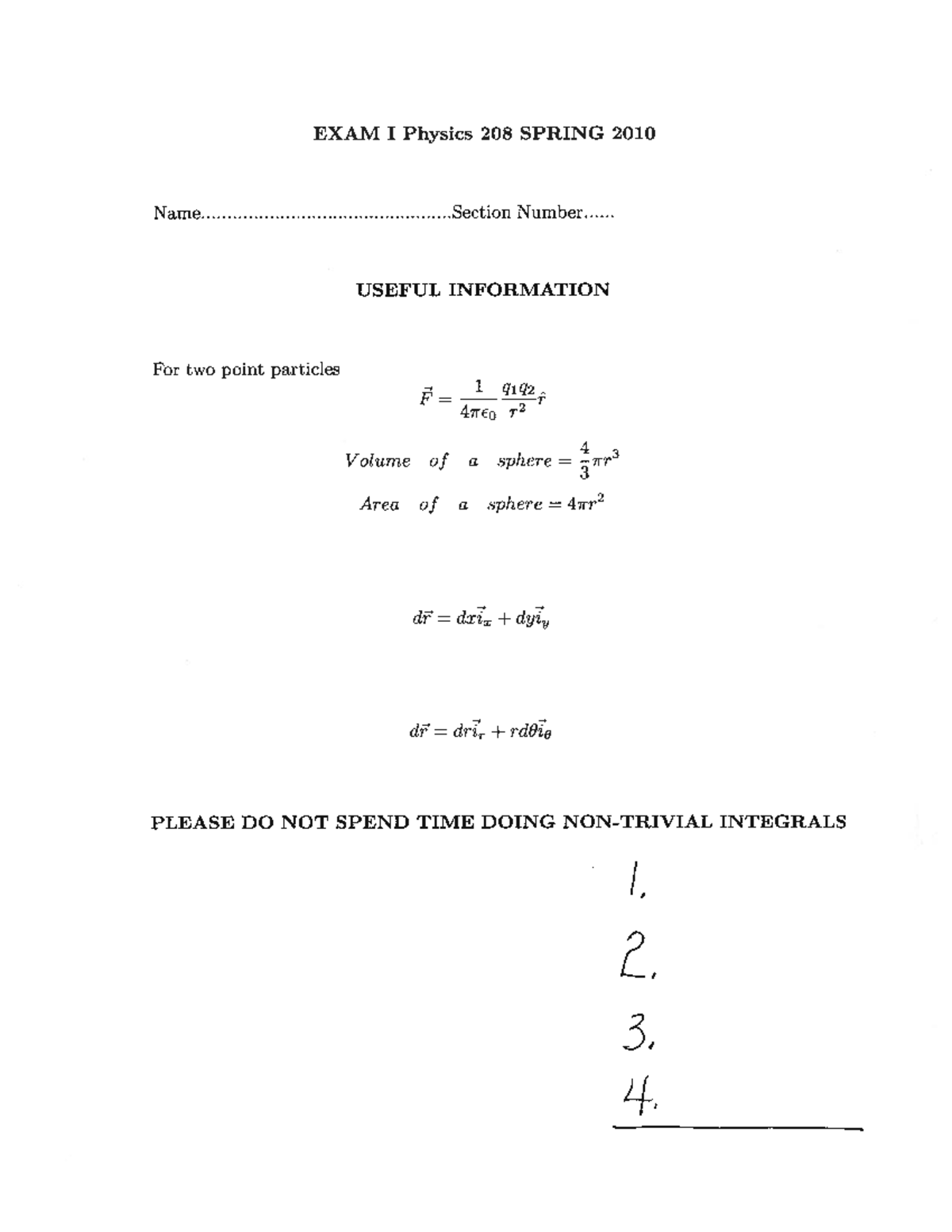 Exam 1 2010 - Past exam given for phys 208 in 2010. - EXAM I Physics ...