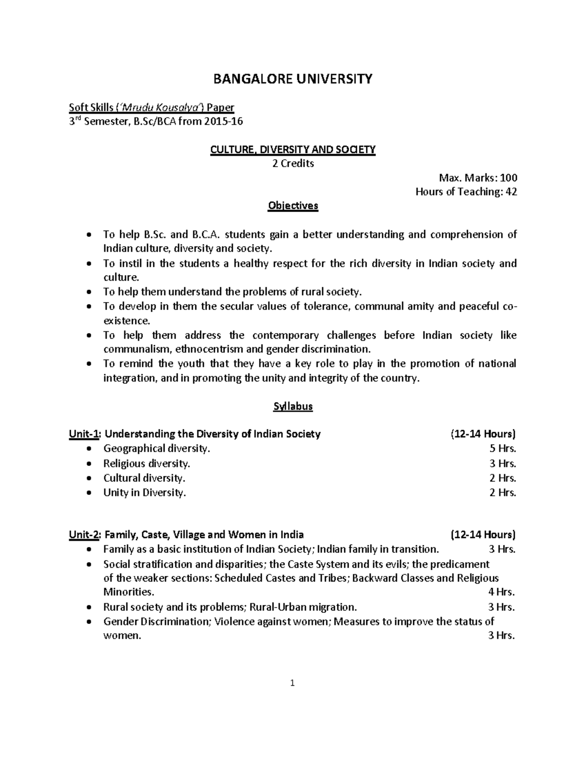 Soft Skills Culture Diversity and Society Syllabus 240715 - 1 BANGALORE ...