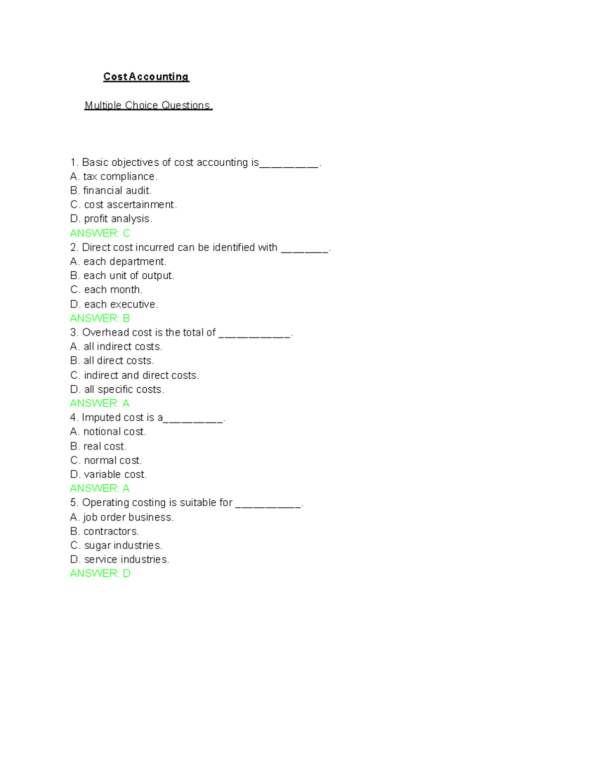 Cost Accounting Multiple Choice Questions - Cost Accounting Multiple ...