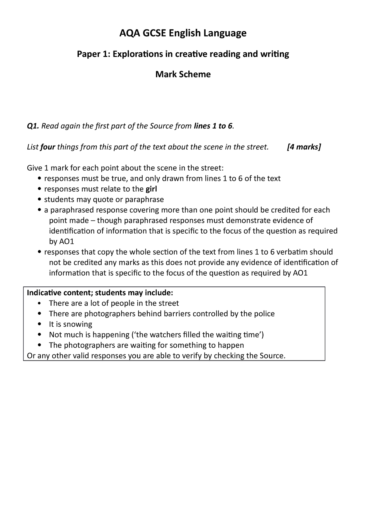 AQA English Language Sample Paper 1e Mark Scheme - AQA GCSE English ...