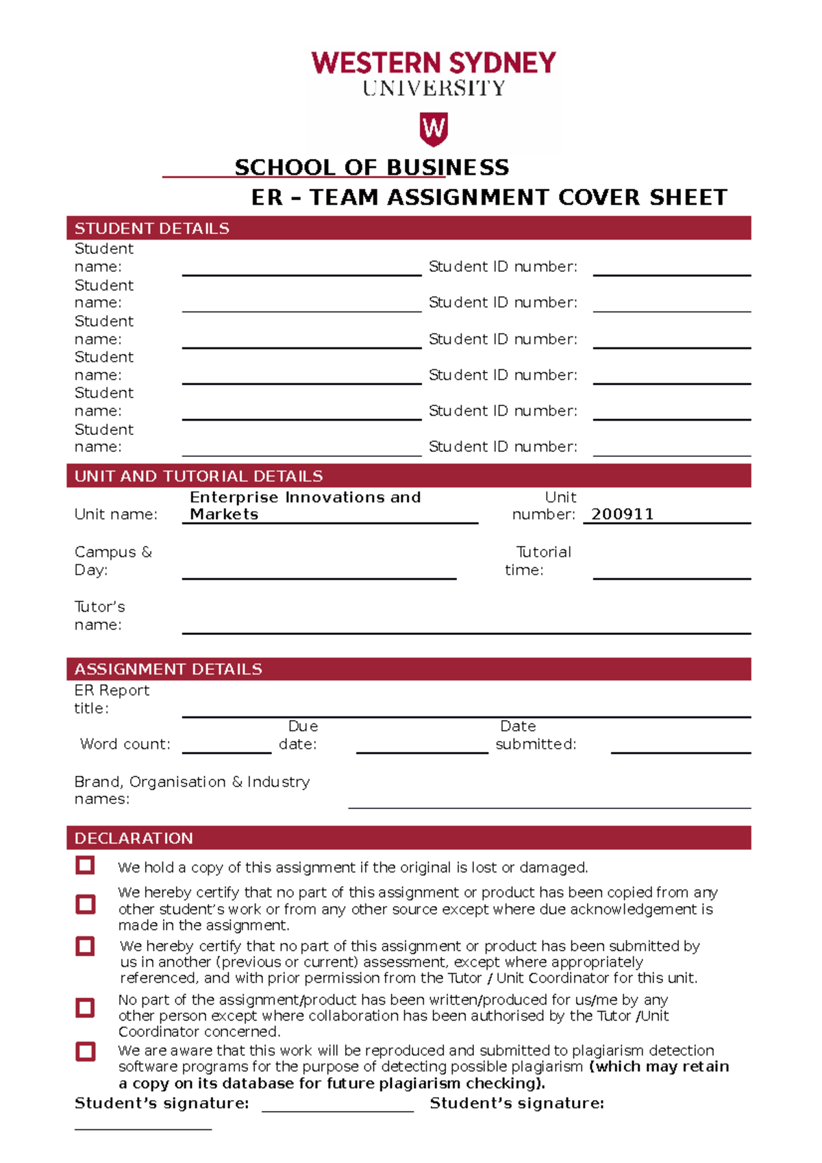 Team Assignment cover sheet - SCHOOL OF BUSINESS ER – TEAM ASSIGNMENT ...