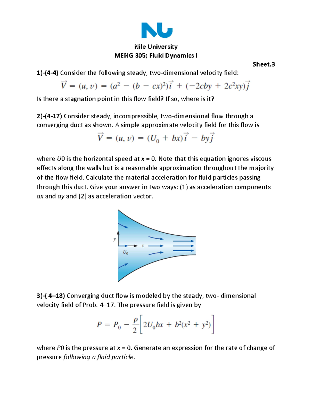 Sheet 3 Assignment 3 Nile University Meng 305 Fluid Dynamics I