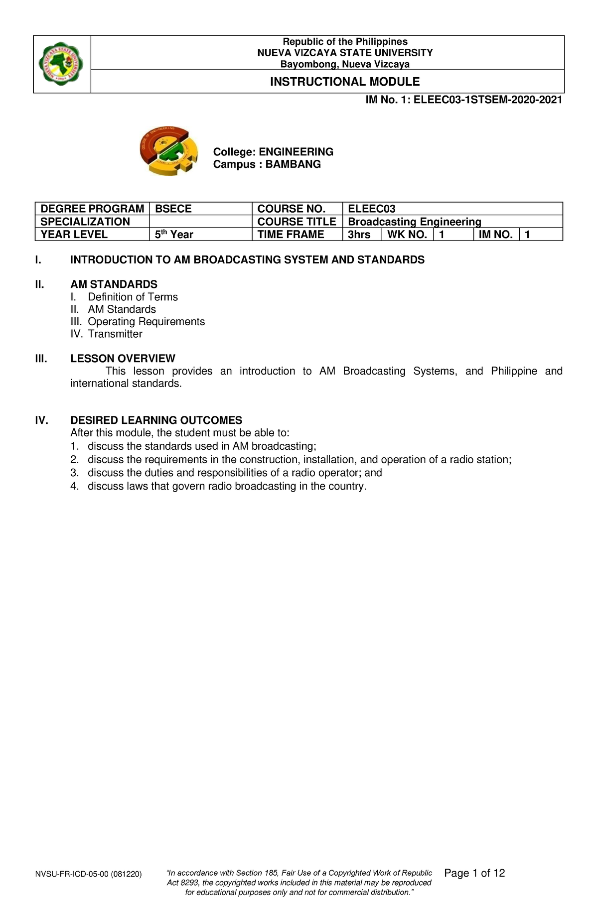 Introduction TO AM Broadcasting System AND Standards - NUEVA VIZCAYA ...