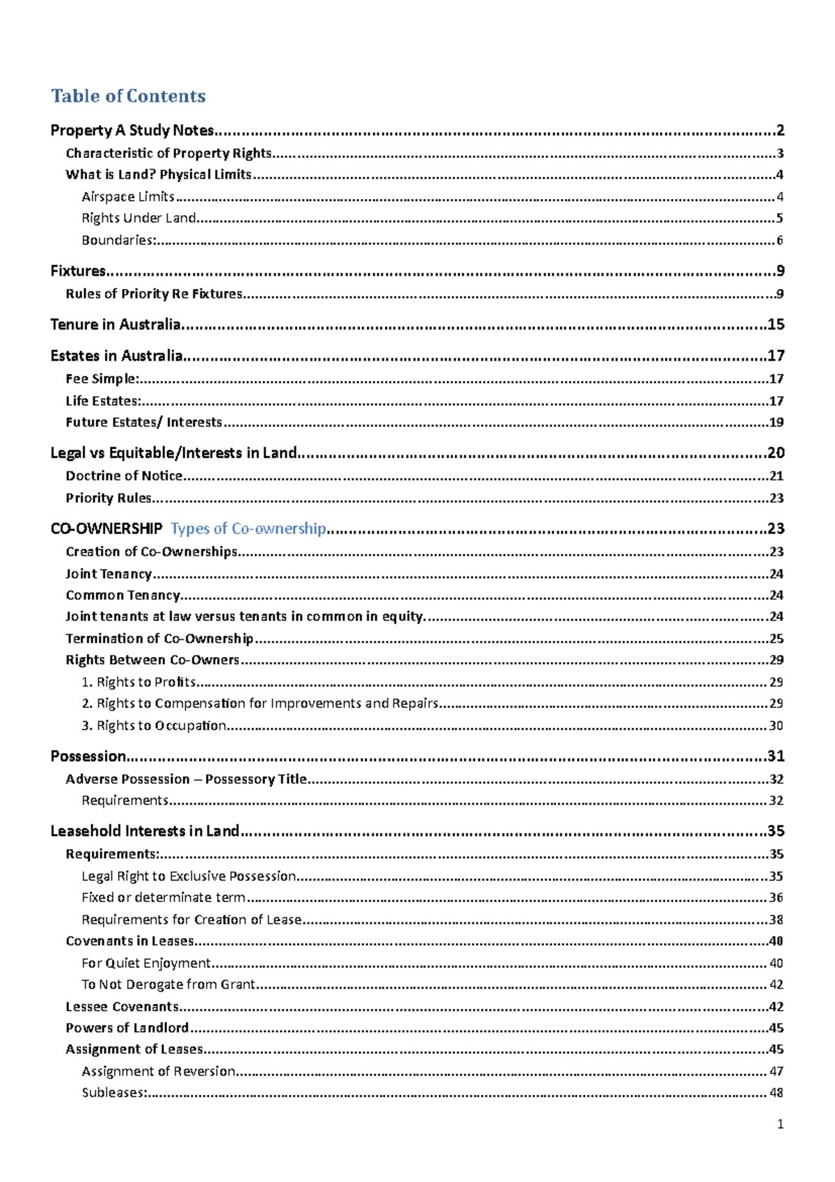 Property A Study Notes 2 - Table of Contents Property A Study - Studocu