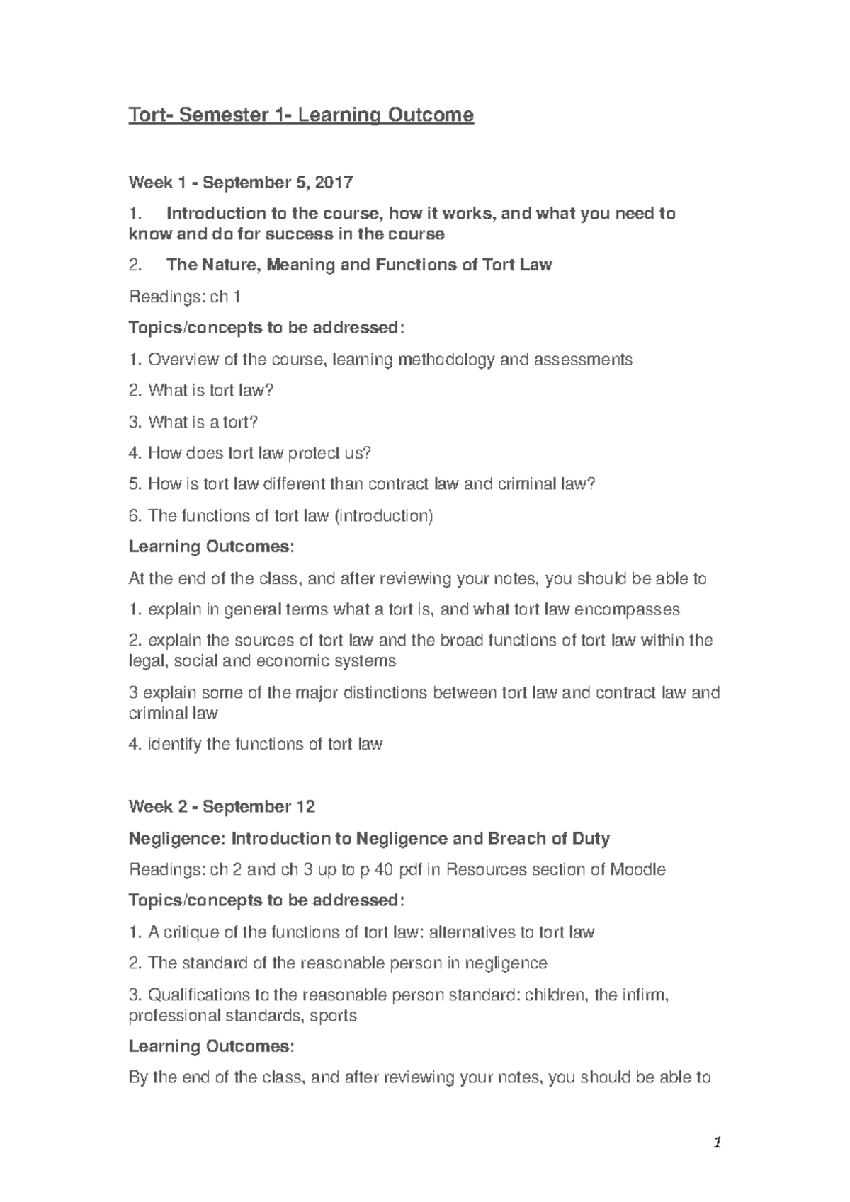 Tort Sem 1 outline - Tort- Semester 1- Learning Outcome Week 1 ...