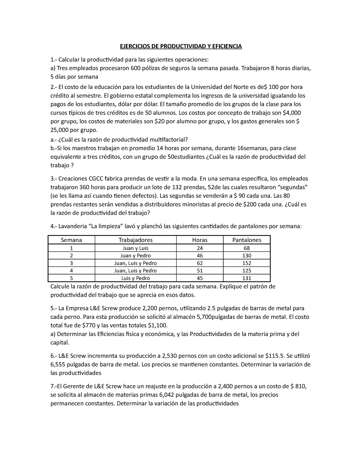 Ejercicios DE Productividad Y Eficiencia - EJERCICIOS DE PRODUCTIVIDAD ...