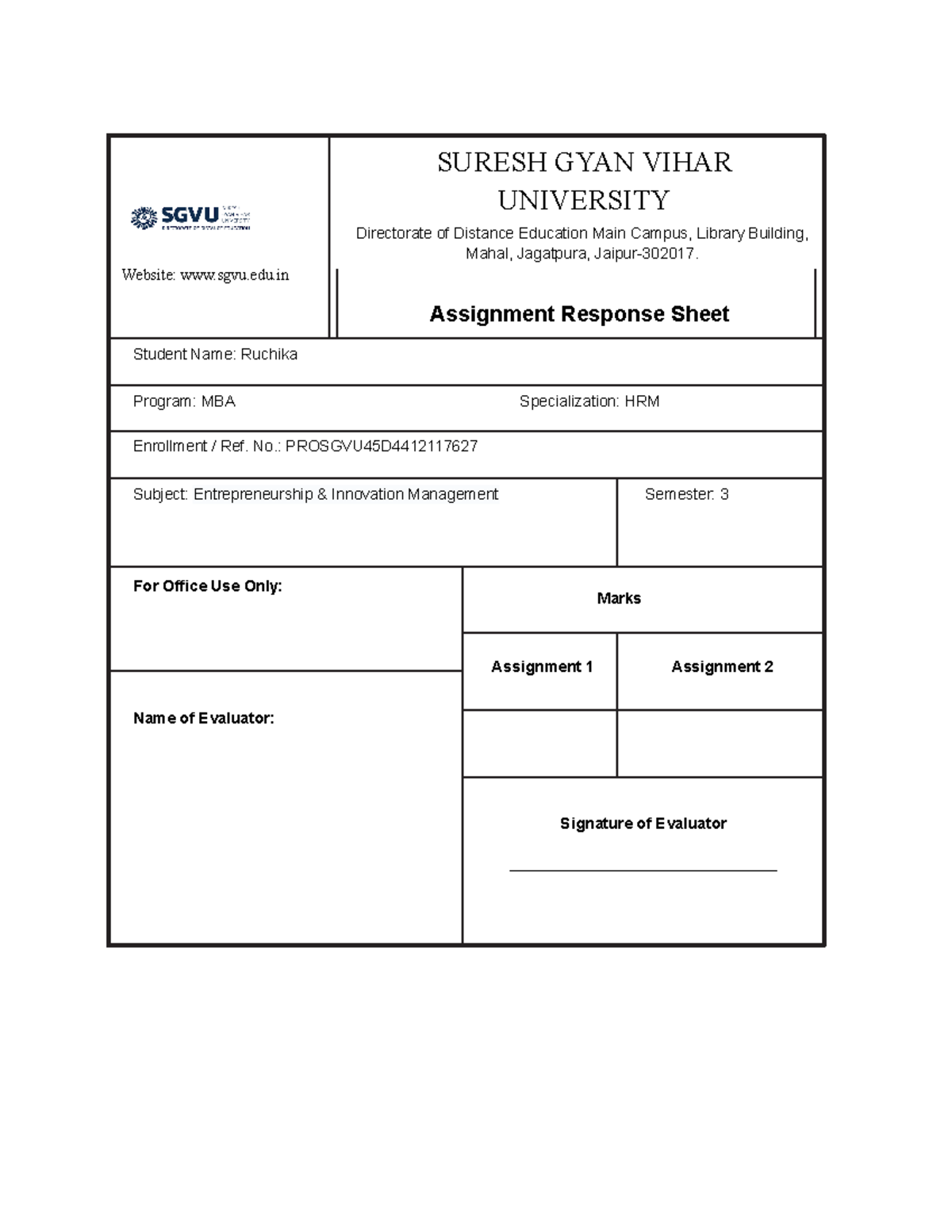 (sem 3) Ass 1. Entrepreneurship & Innovation Management - Website: sgvu ...